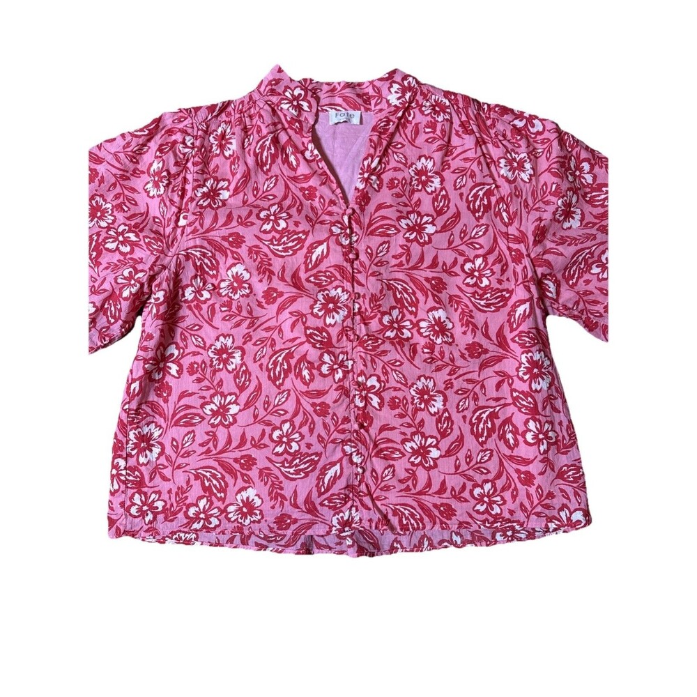 Fate Floral 100% Cotton Lined Blouse Top Puffed Elbow Sleeve Pink XL Romantic